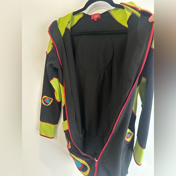 Black and Green Long Zip Up Hoodie with Colorful Accents pop art Indie Boho Lg - Picture 4 of 7